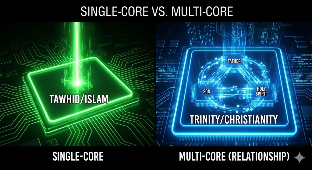 Conceptual visual: Illustration of a glowing single-core chip labeled 'Tawhid/Islam' (green, powerful but isolated) beside a glowing three-core chip labeled 'Trinity/Christianity' (blue, showing rapid light pulses between the cores and representing relationship)